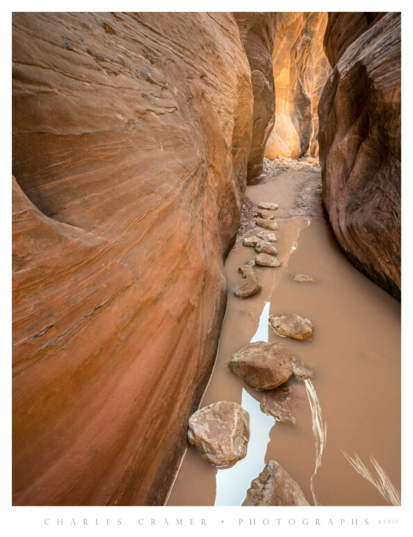 Slot Canyon, with Stepping Stones Through Water, Utah